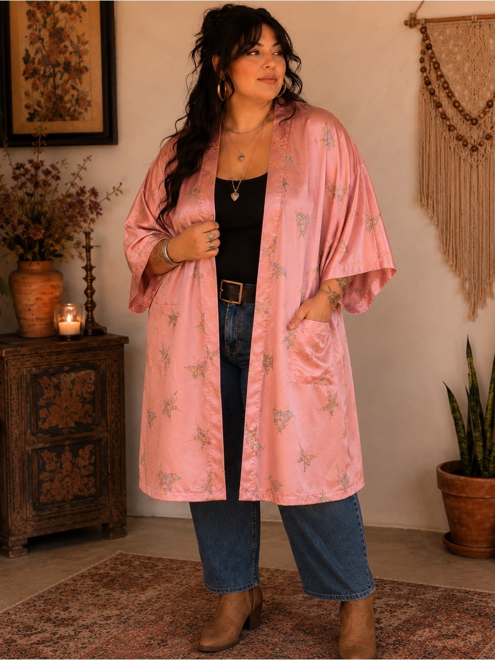 VTG Y2K 90s Pink Butterfly Embroidered Satin Style Feminine Kimono Robe Lg/XL